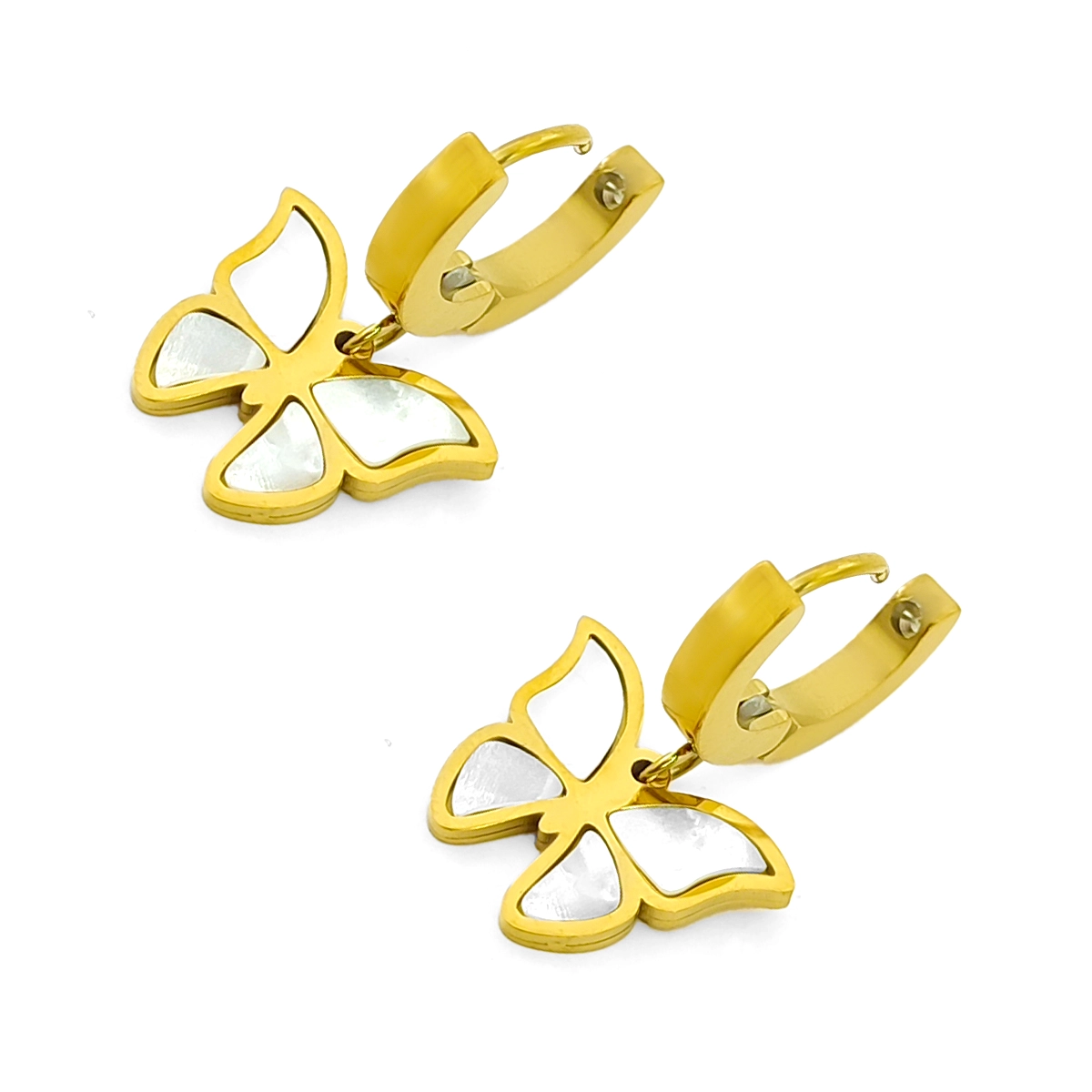 Aretes Acero Dorado Huggies Colgante Mariposa Madre Perla