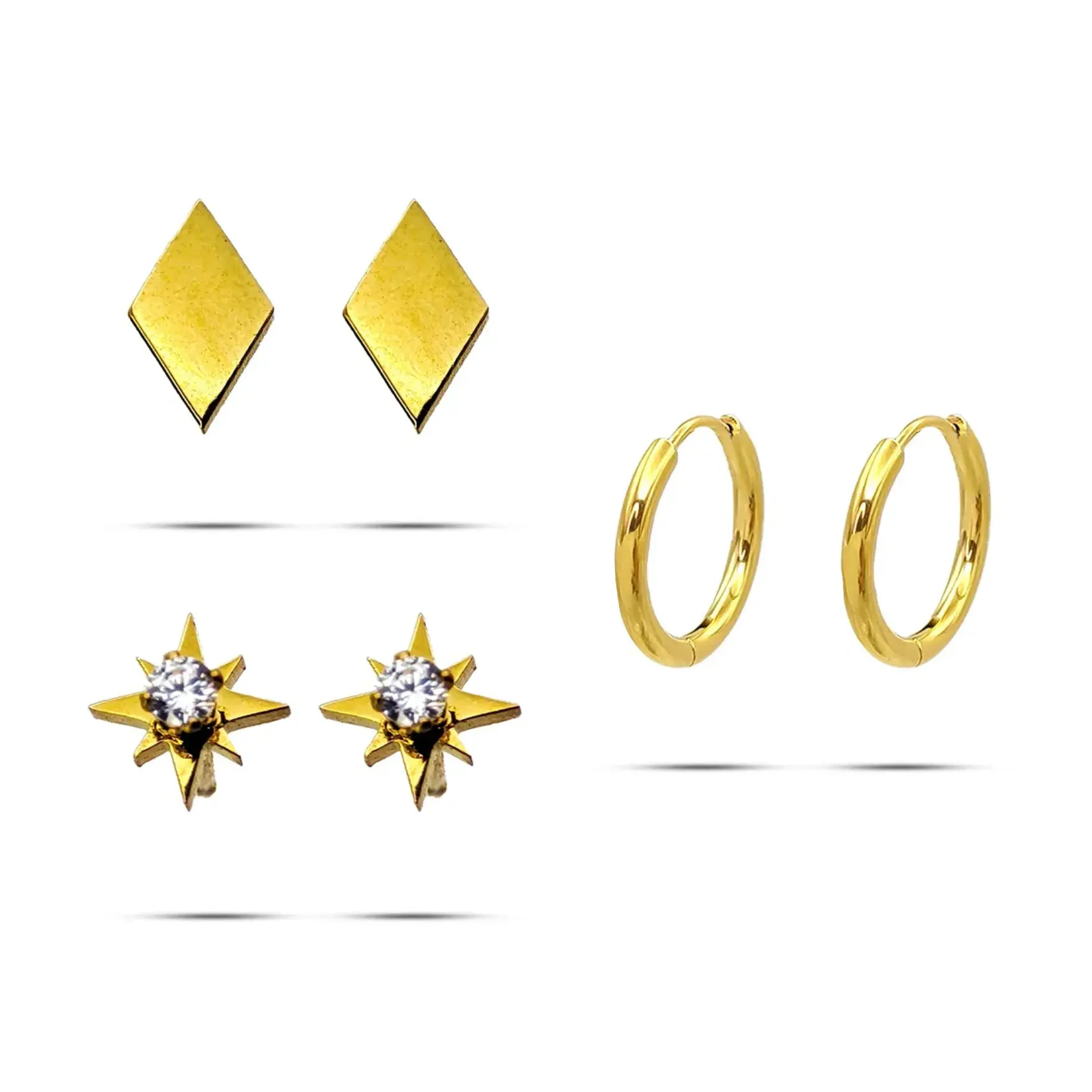 Set Aretes Acero Dorado Huggies Estrella Cristal Rombo