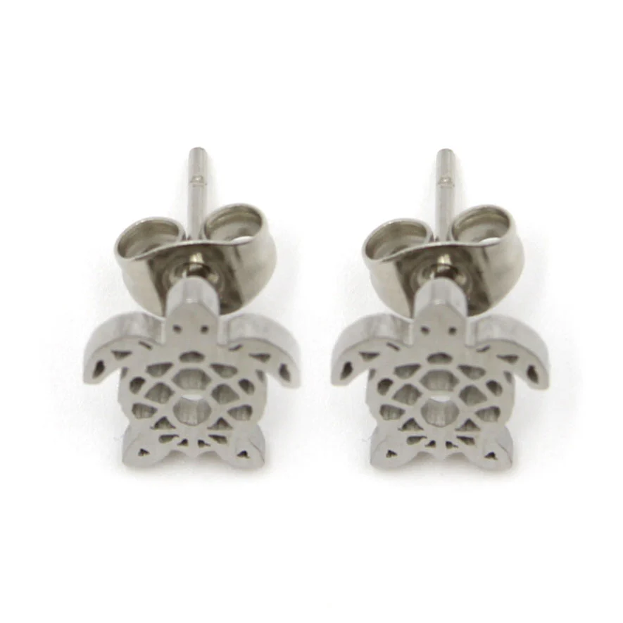 Set Joyeria Acero Plateado Cadena Aretes Dije Tortuga
