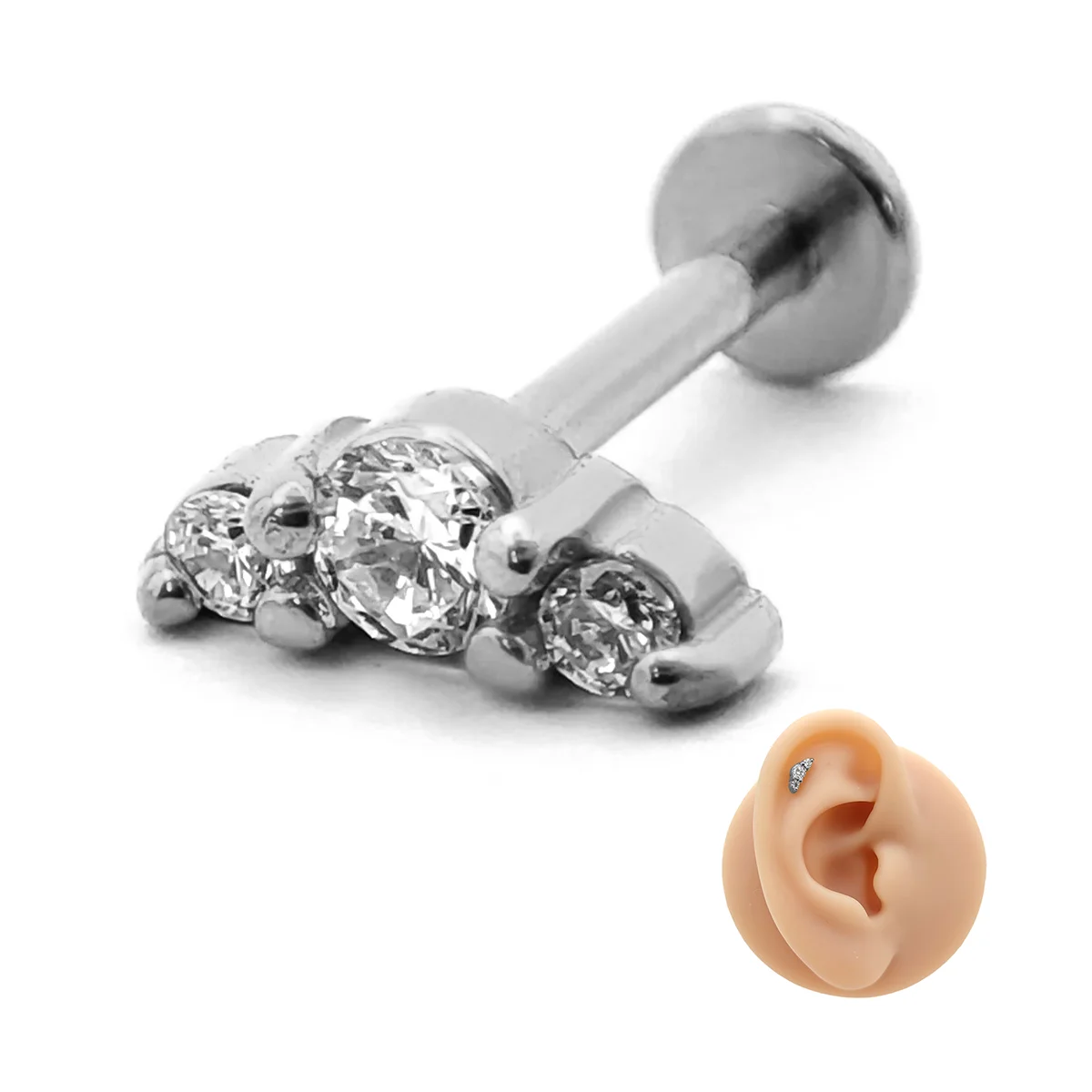 Piercing de Oreja Acero Tres Cristales Pequeño Curvo