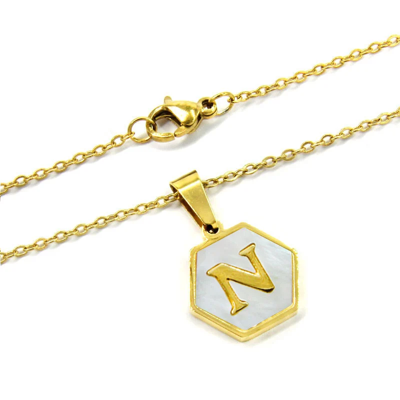 Collar Acero Inox Dorado Hexagonal Letra N Madre Perla