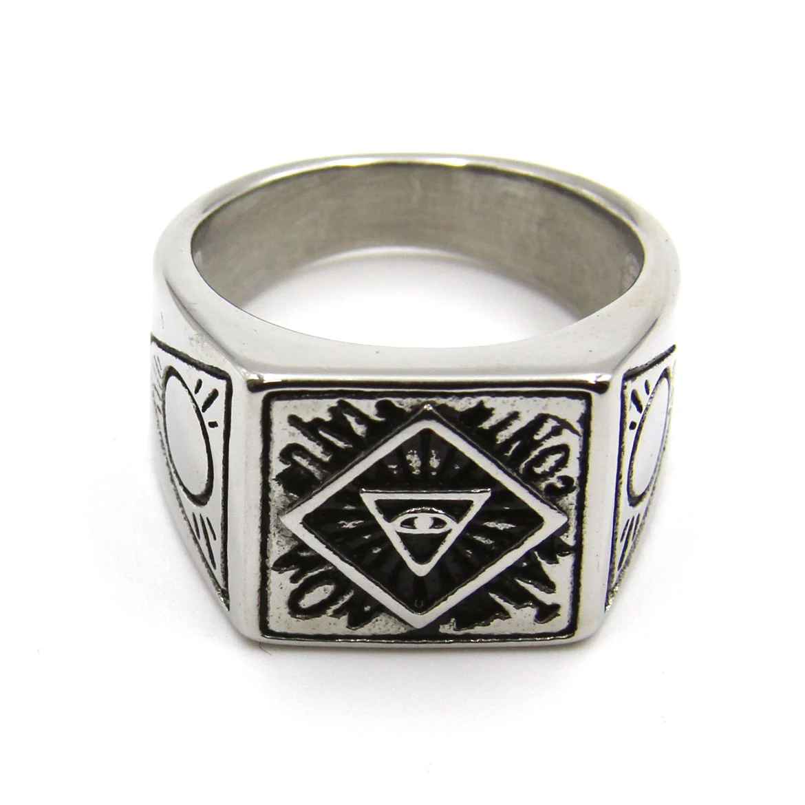 Anillo Acero Plateado Ojo Triángulo Invertido