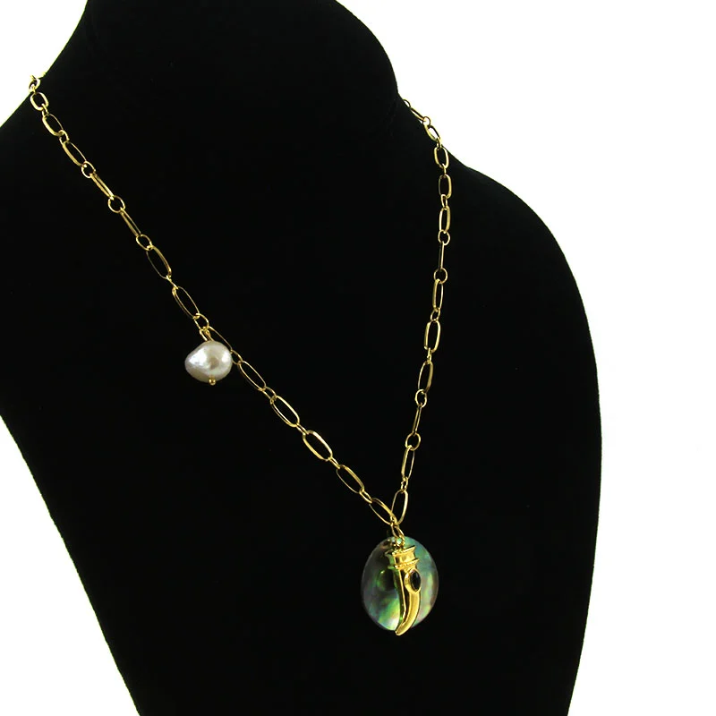 Collar Acero Inox Dorado Colmillo Abulon Perla Natural