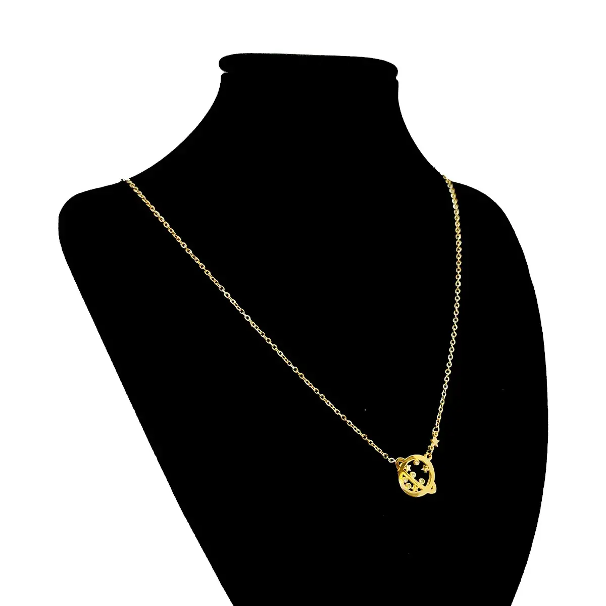 Collar Acero Dorado Planeta Saturno Estrellas Zirconia