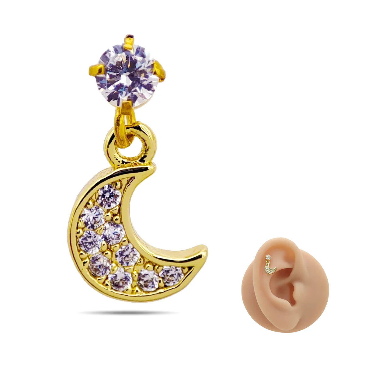 Piercing de Oreja Acero Colgante Luna Zirconia Clara