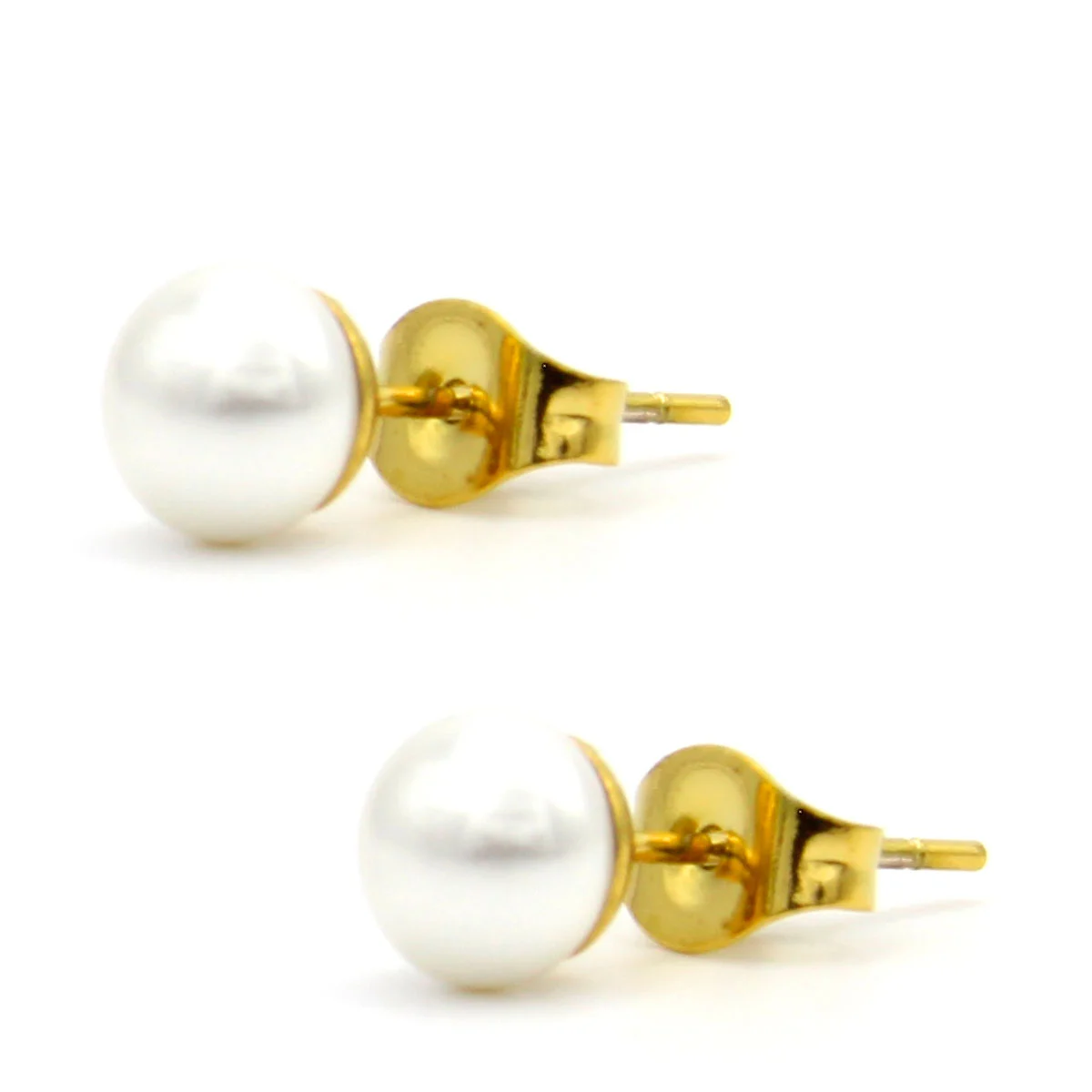 Aretes Acero Dorado Tipo Broquel Imitacion Perla 6mm