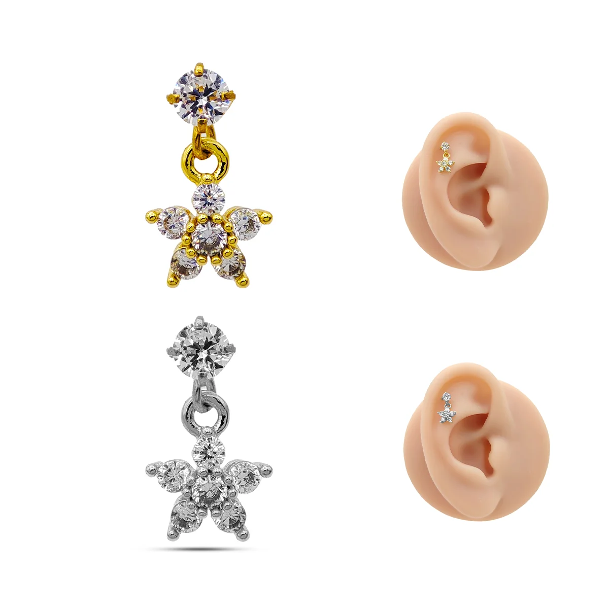 Piercing de Oreja Acero Colgante Estrella Seis Zirconias