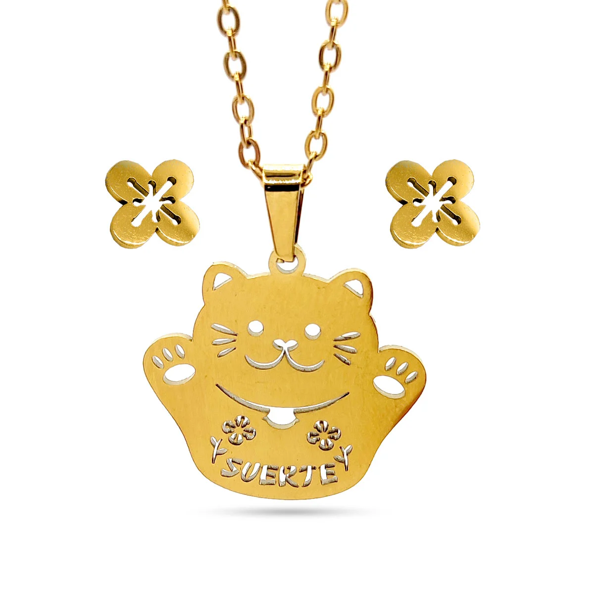 Set Joyería Acero Dorado Gato Suerte Fortuna Gatito Feliz
