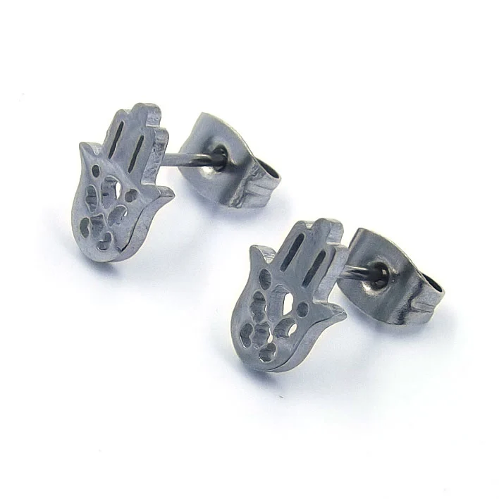 Aretes Acero Plateado tipo Broquel Mano de Fatima