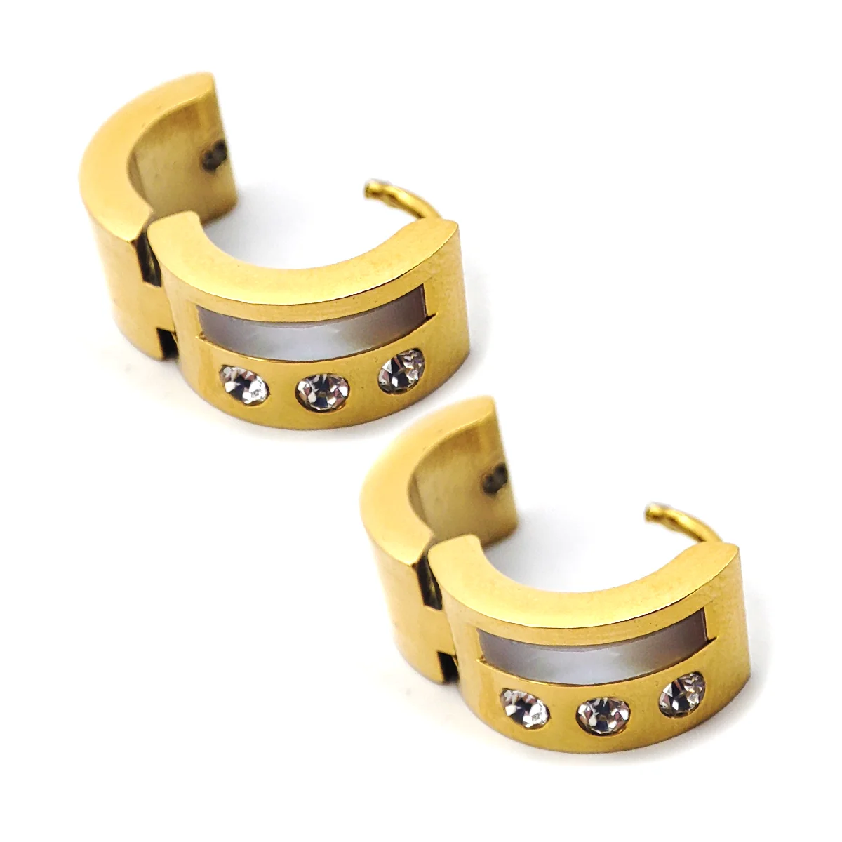 Aretes Acero Inox Dorado Huggies Madre Perla Cristales