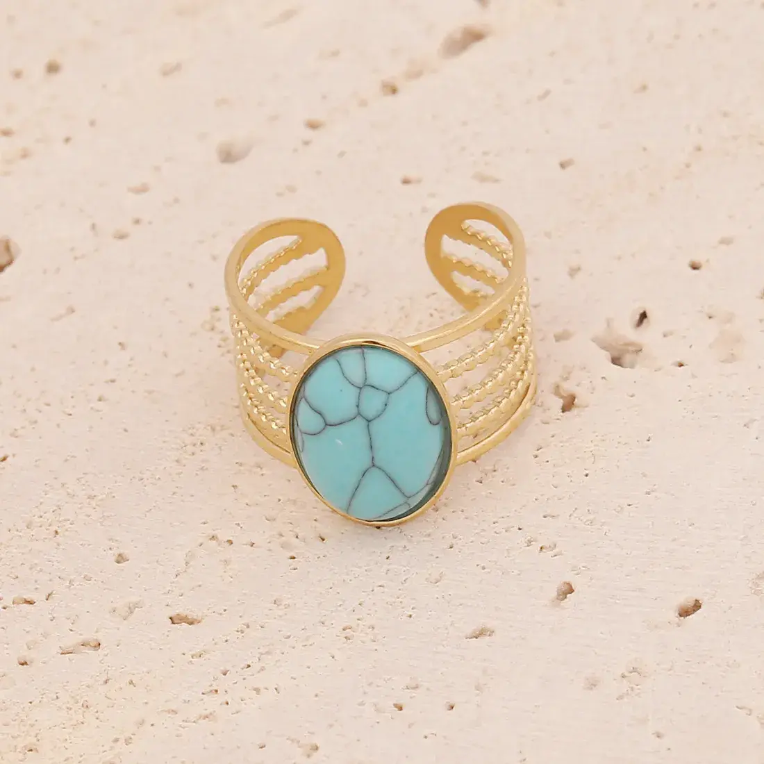 Anillo Acero Dorado Ajustable Lineas Ancho Turquesa Oval