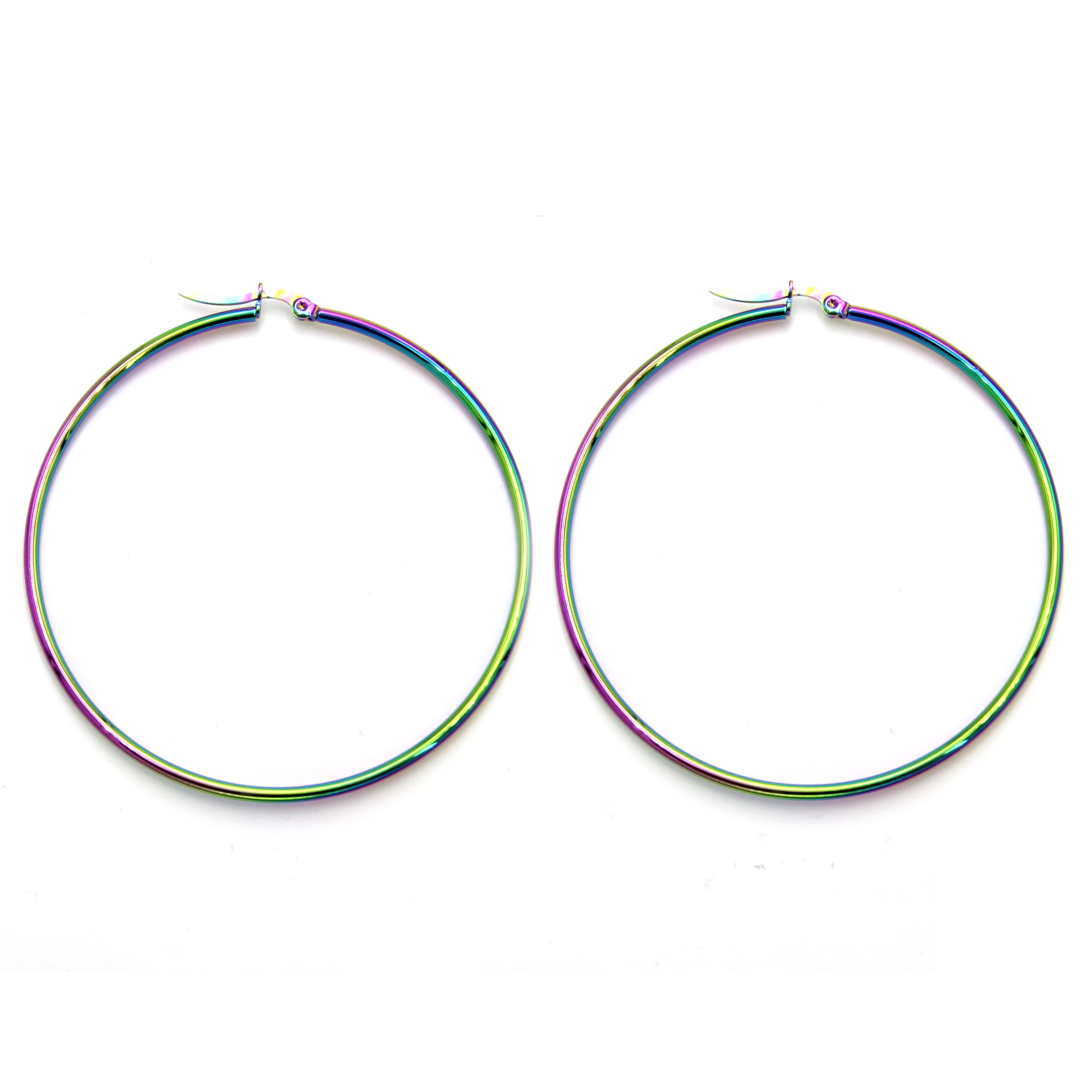 Aretes Acero Ionizado Arracada Lisa 65mm Unicorn Arcoiris