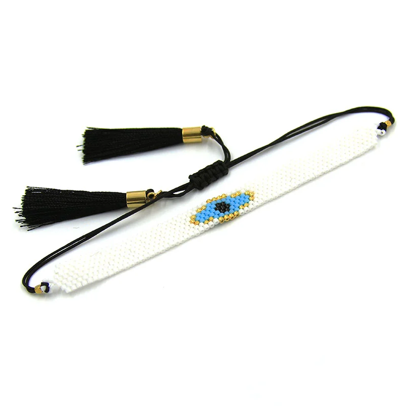 Pulsera Blanca Chaquira Acero Miyuki Ojo Turco Borlas