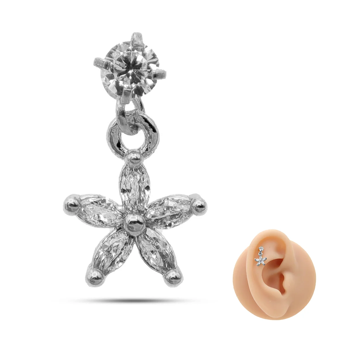 Piercing de Oreja Acero Colgante Flor Petalos Zirconias