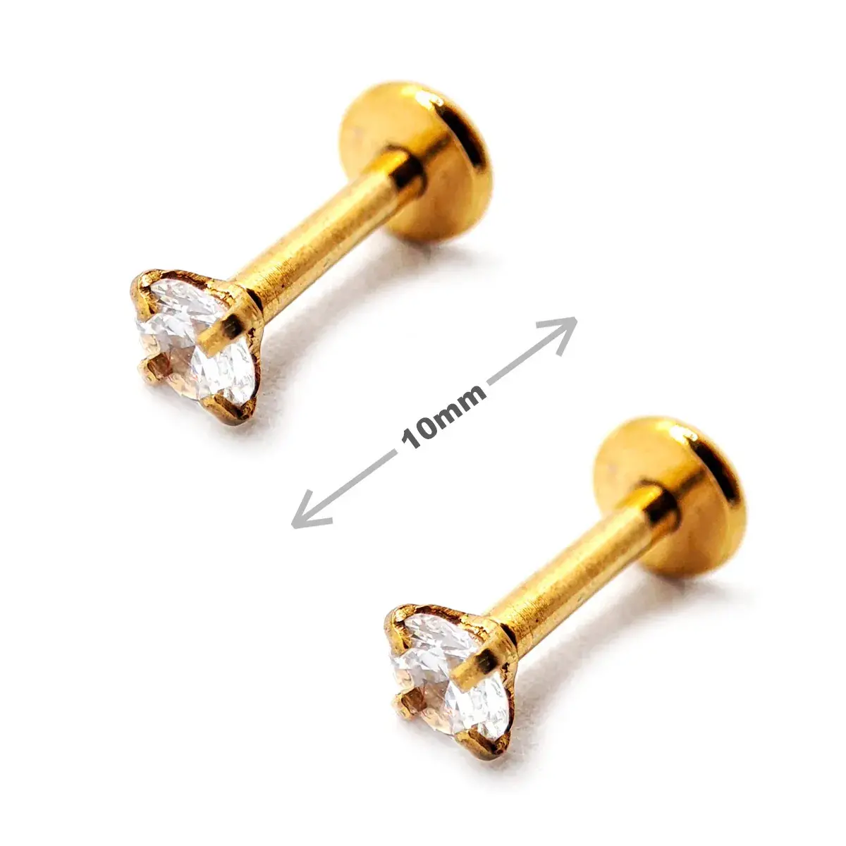 Aretes Acero Dorado Piercing Poste 10mm Zirconia Broquel