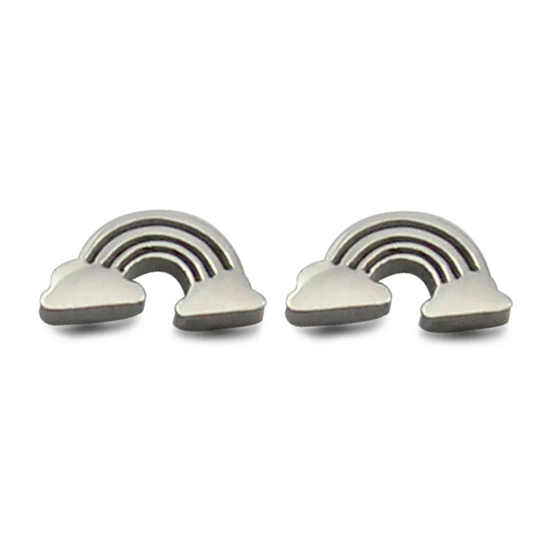 Aretes Tipo Broquel Dormilón Acero Plateado Arcoiris Nube