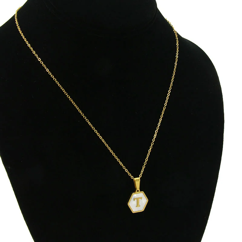 Collar Acero Inox Dorado Hexagonal Letra T Madre Perla