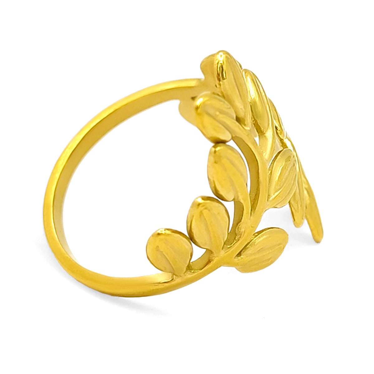 Anillo Acero Inox Dorado Hojas Onduladas Ajustable