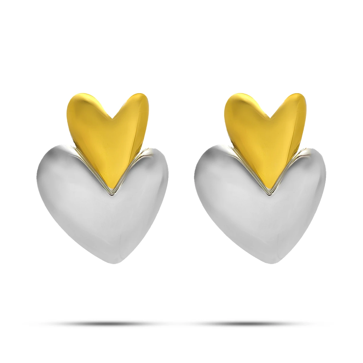 Aretes Acero Bicolor Corazones Unidos Verticales 43 mm
