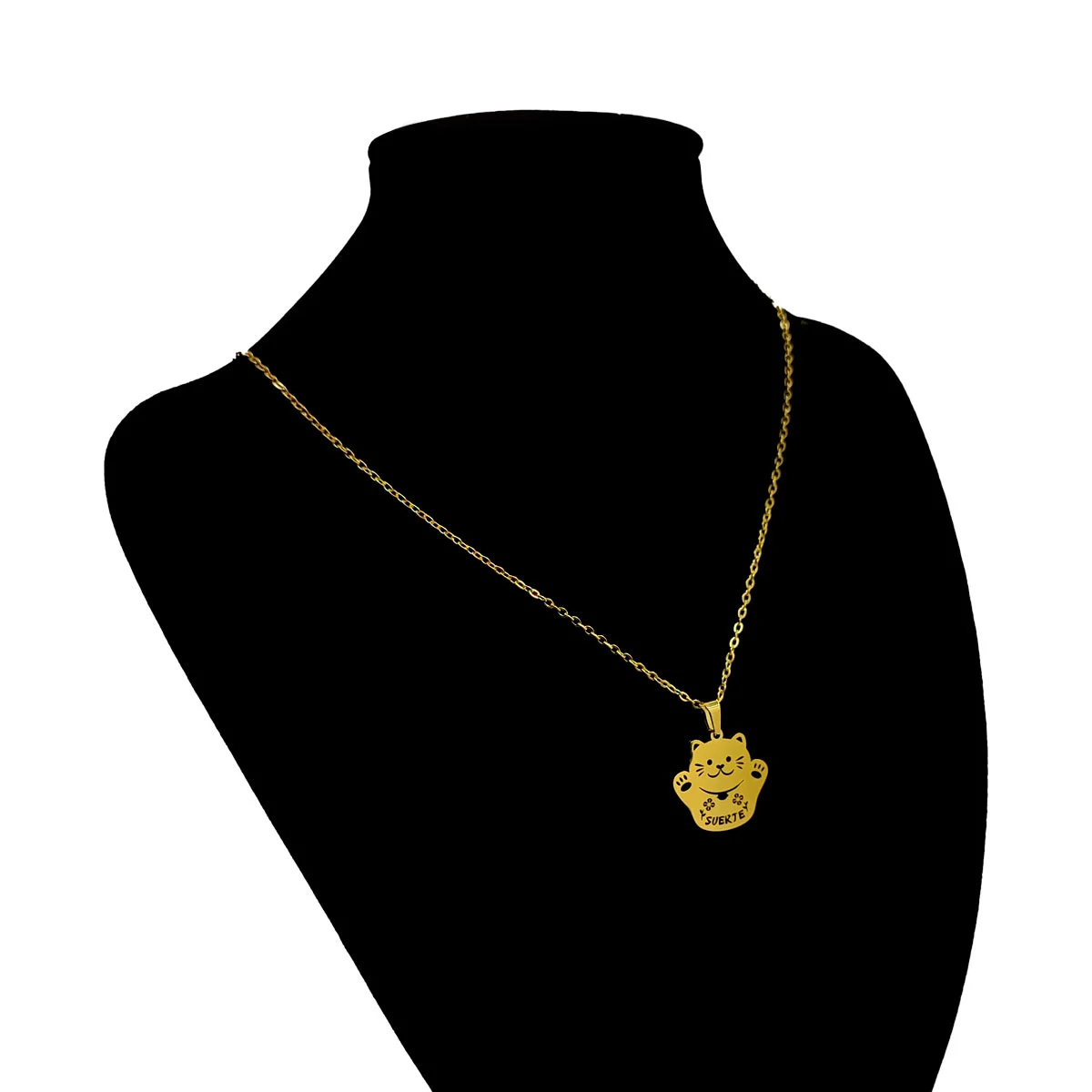 Set Joyería Acero Dorado Gato Suerte Fortuna Gatito Feliz