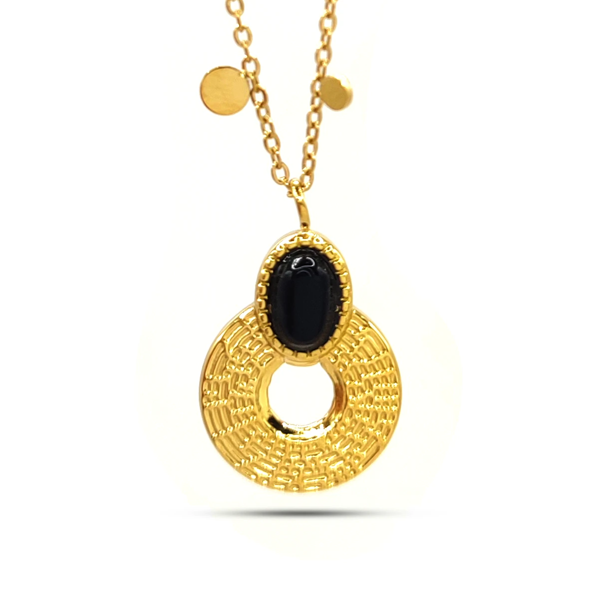 Collar Acero Dorado Piedra Negra Oval Cadena Circulos