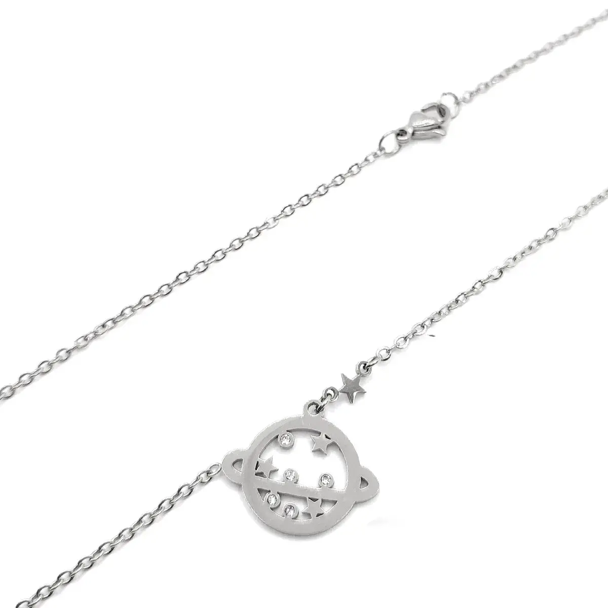 Collar Acero Plateado Planeta Saturno Estrellas Zirconia