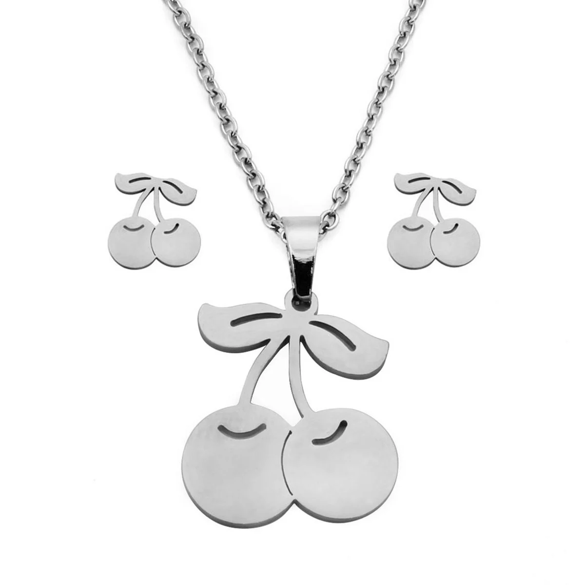 Set Joyeria Acero Inoxidable Plateado Fruta Cereza Bonita