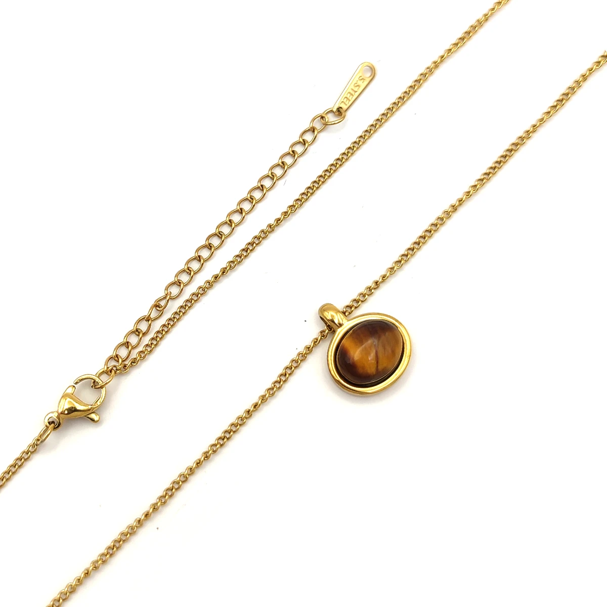 Collar Acero Dorado Ojo de Tigre Natural Piedra Oval