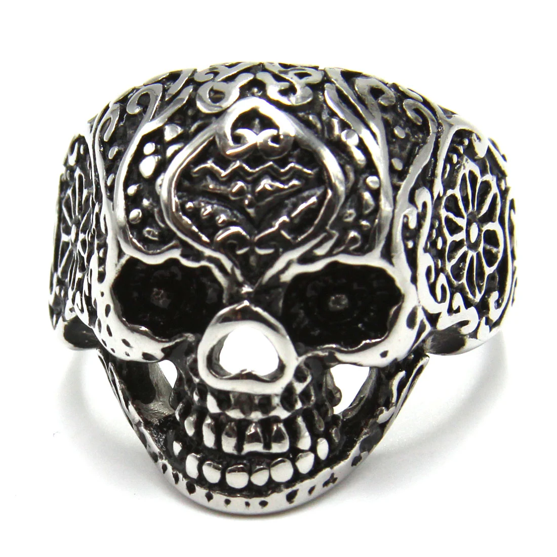 Anillo de Acero Plateado Calavera Catrina Mexicana