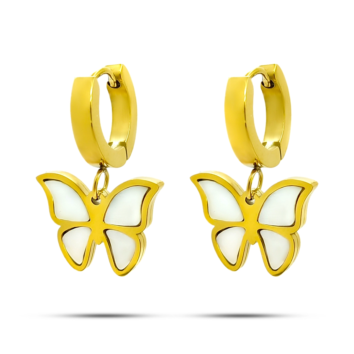 Aretes Acero Dorado Huggies Colgante Mariposa Madre Perla
