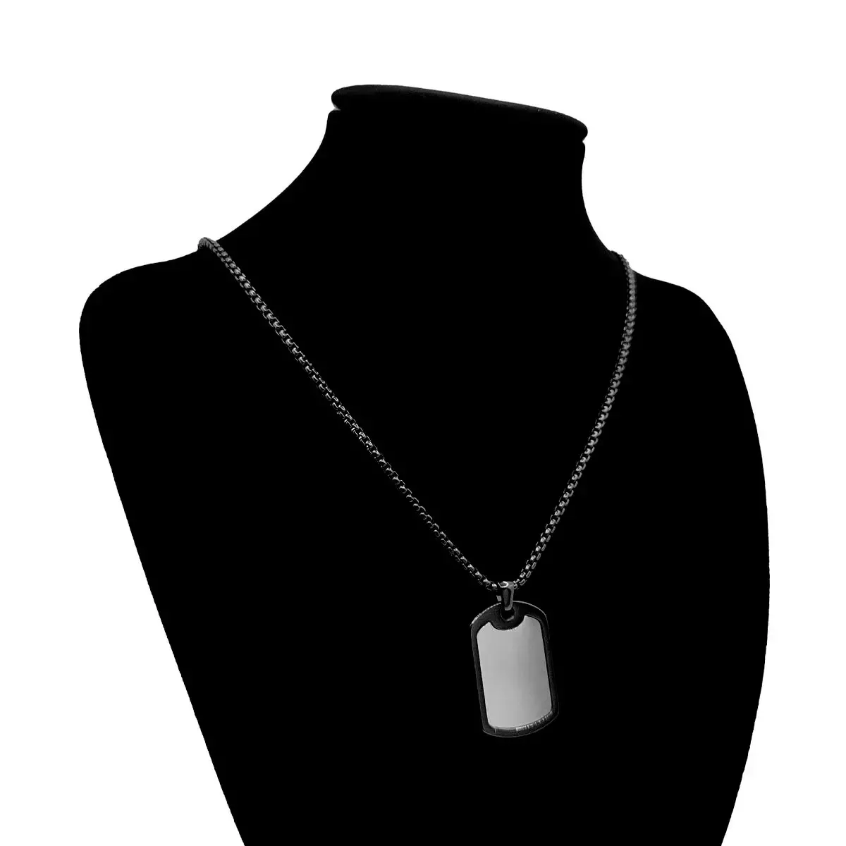 Collar Acero Inox Negro Militar Placa Plateada Hombre