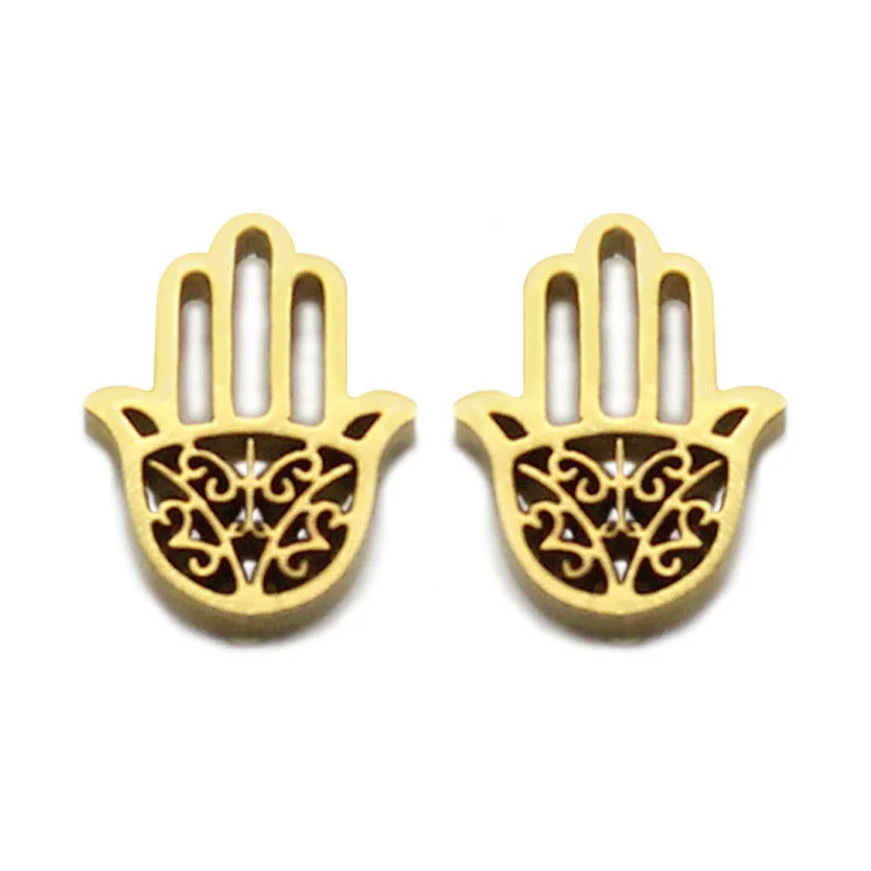 Aretes Tipo Broquel Acero Dorado Mano De Fátima Calada