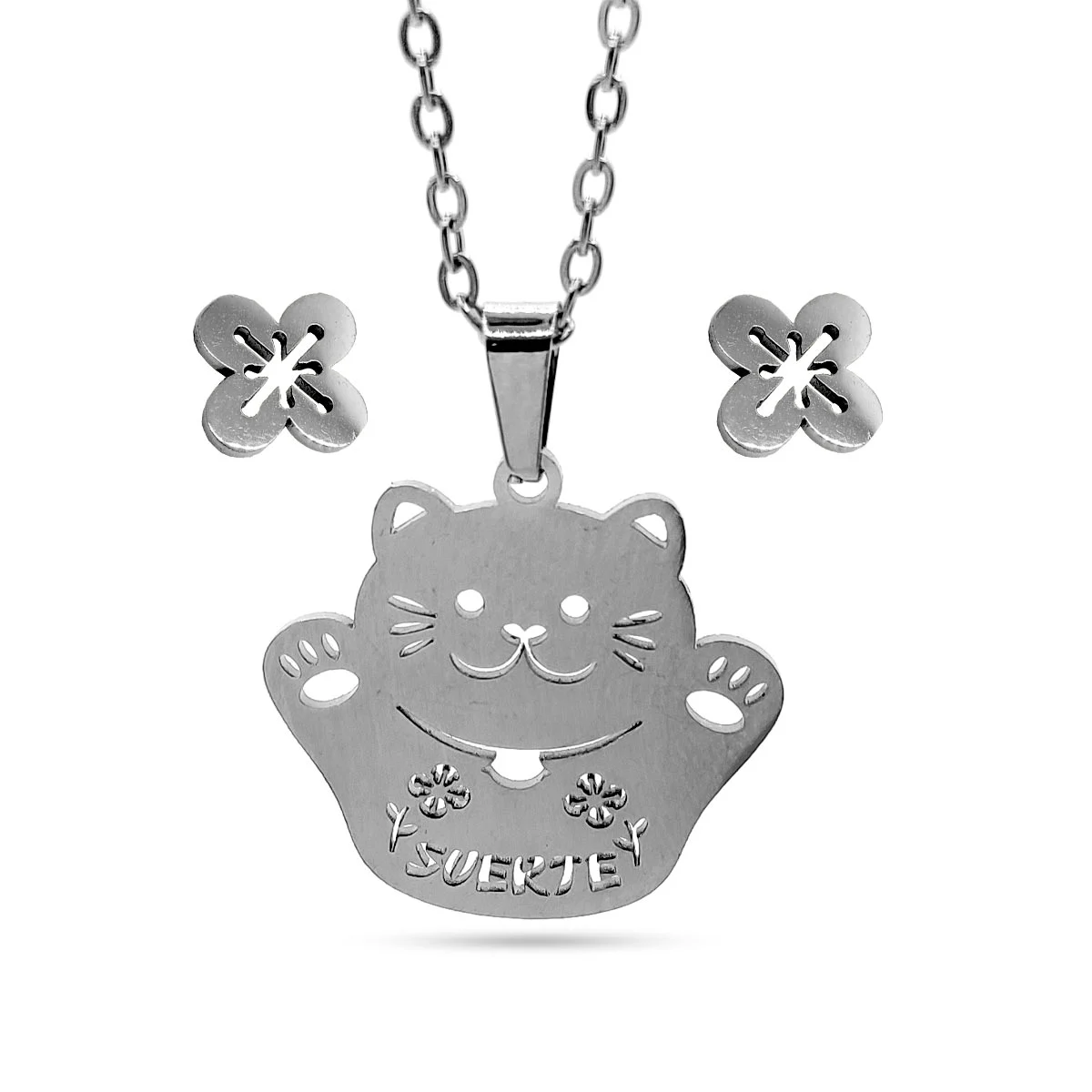 Set Joyería Acero Plateado Gato Suerte Fortuna Gatito