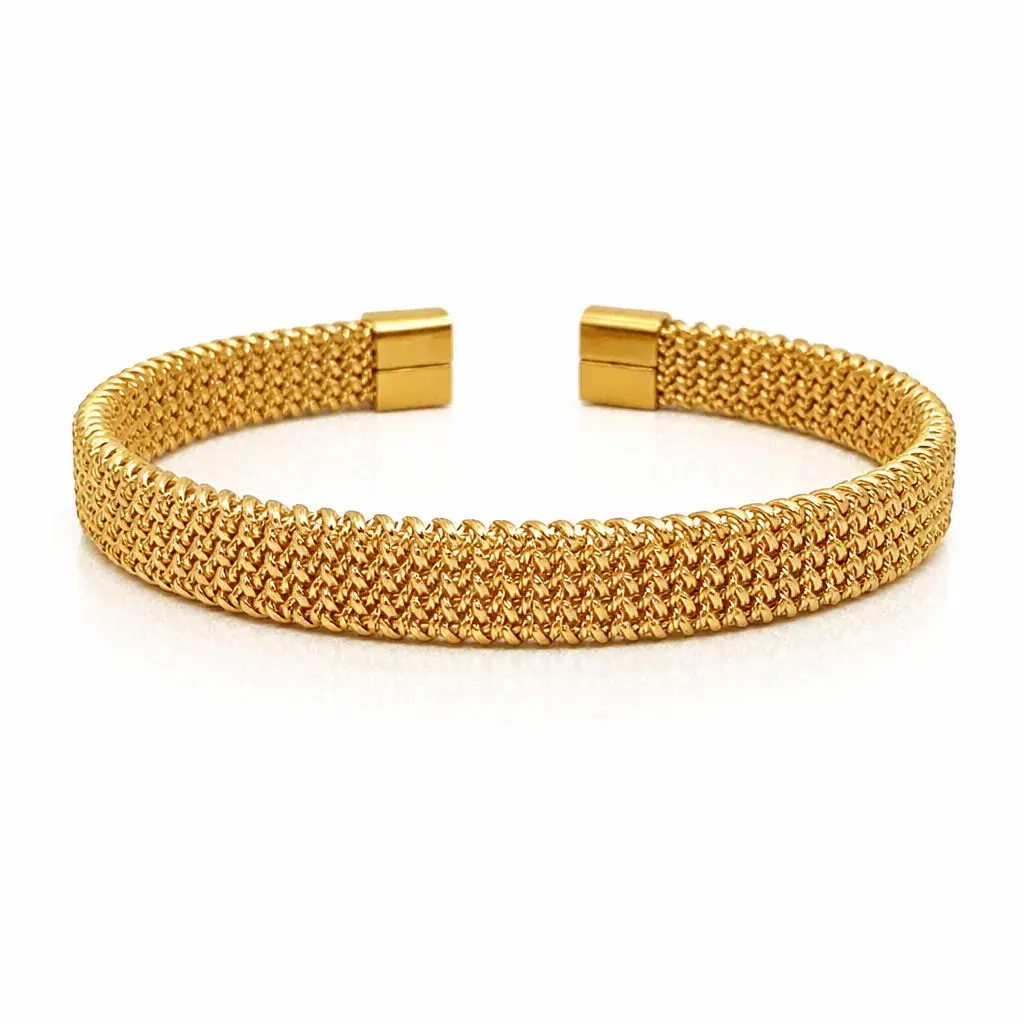 Pulsera Acero Dorado Brazalete Abierto Malla Tejida