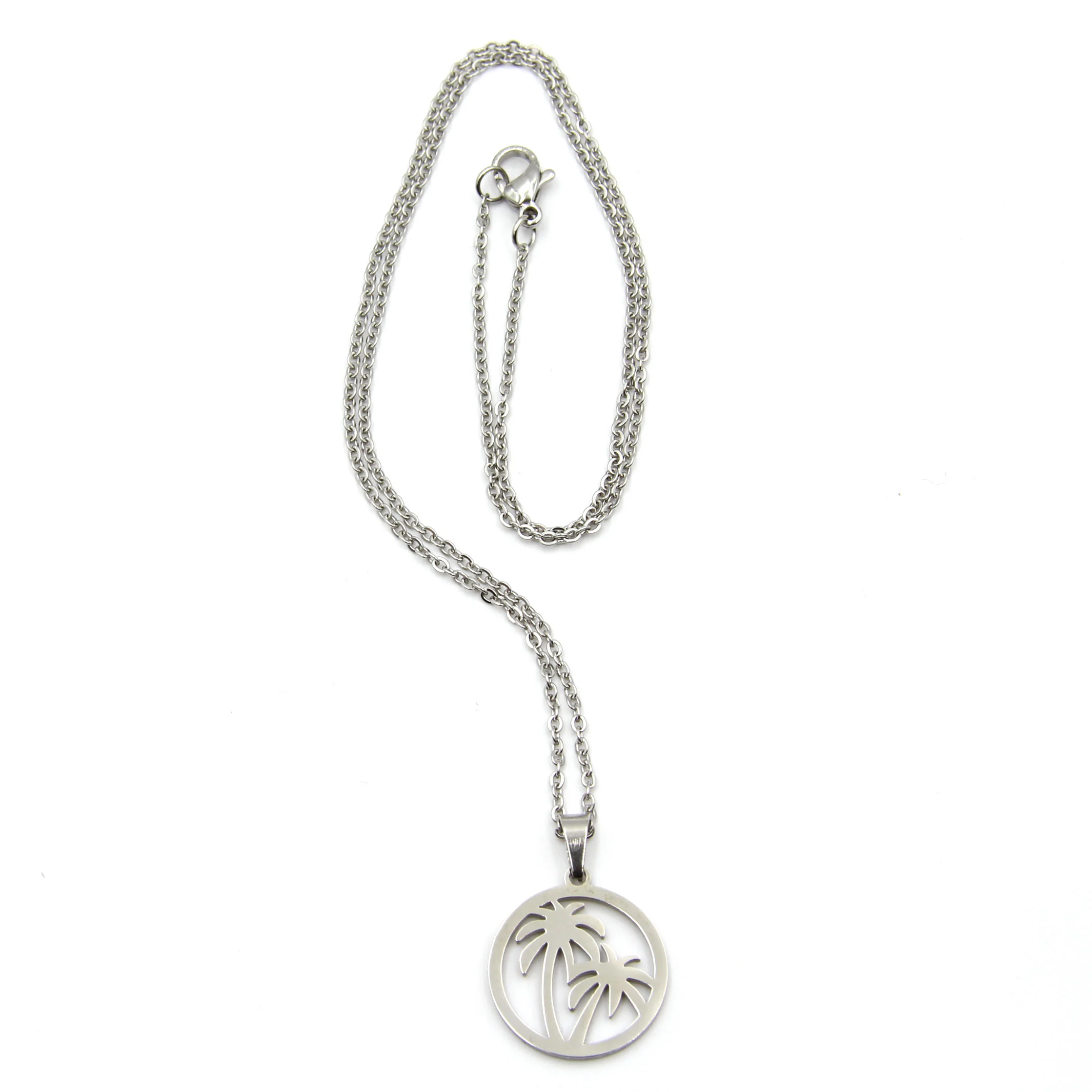 Set Joyeria Acero Plateado Cadena Aretes Dije Palma Playa