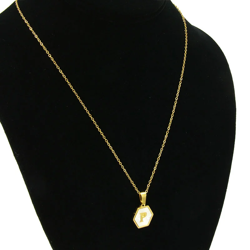 Collar Acero Inox Dorado Hexagonal Letra P Madre Perla