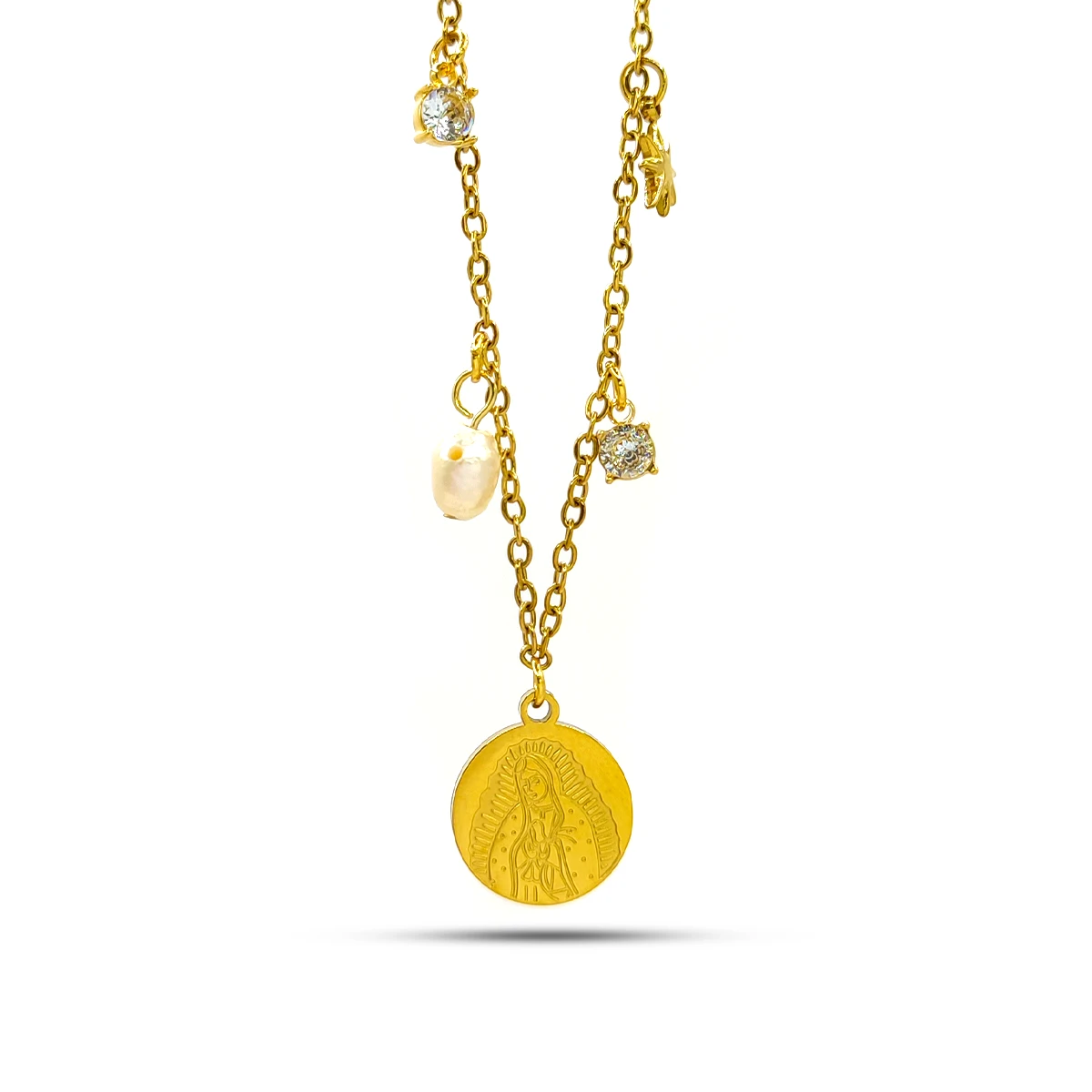 Collar Acero Inox Dorado Medalla Virgen Perla de Rio