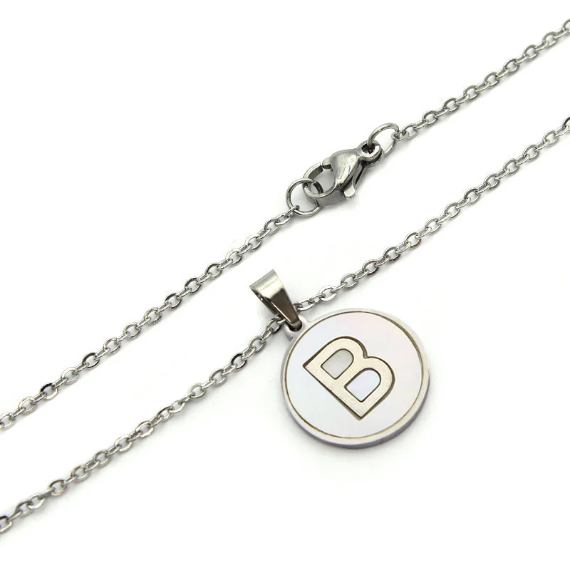 Collar Acero Plateado Circular Letra B Madre Perla
