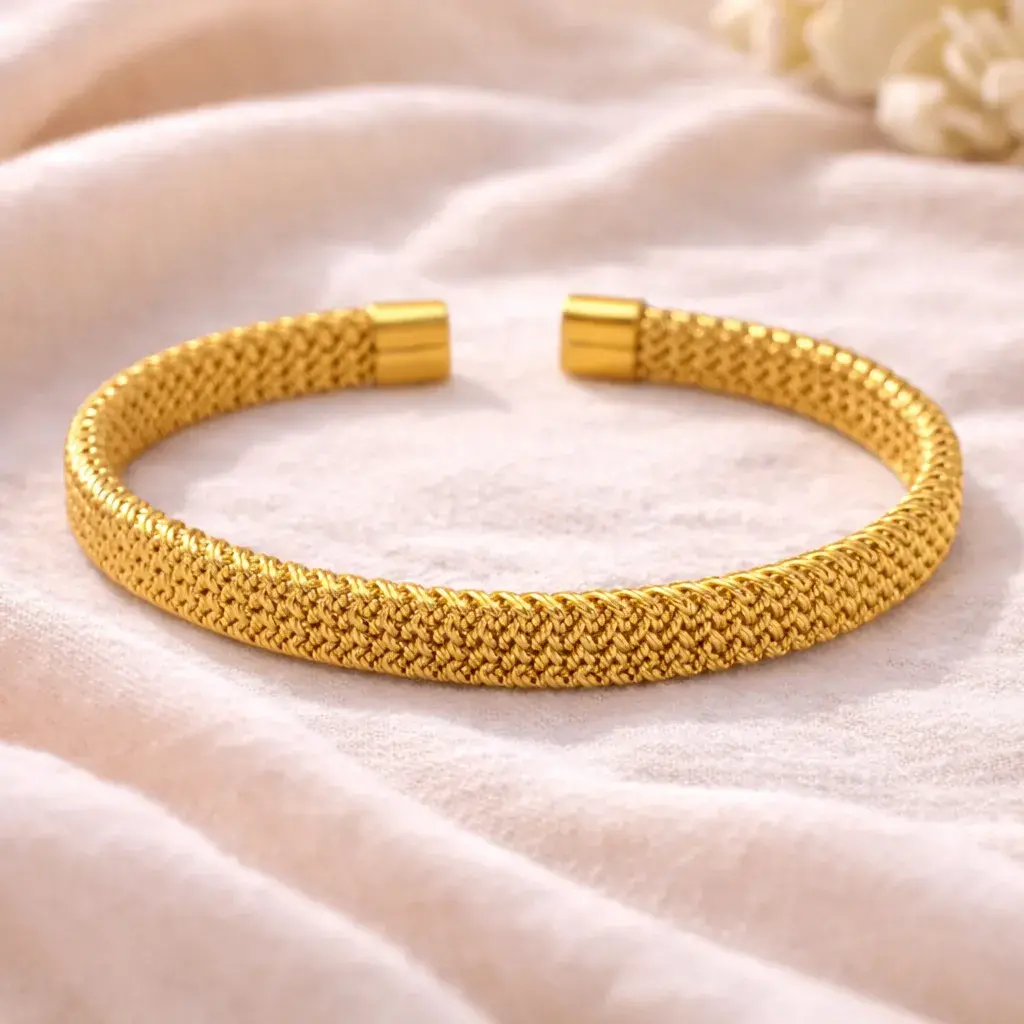 Pulsera Acero Dorado Brazalete Abierto Malla Tejida