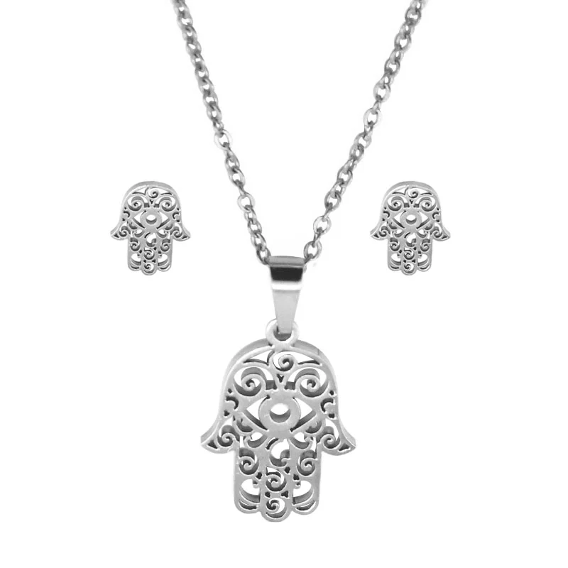 Set de Joyeria Acero Plateado Mano de Fátima Ojo Turco