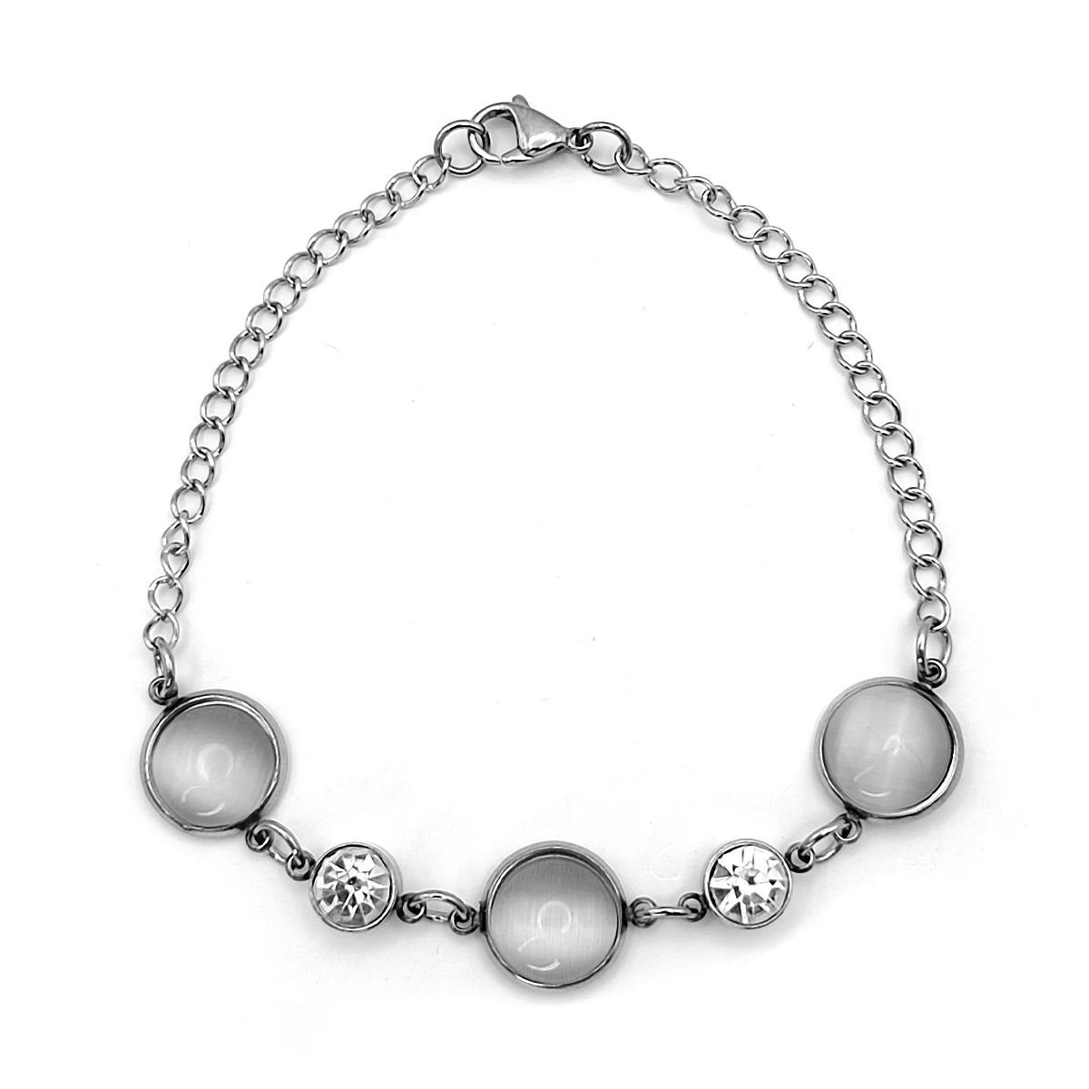 Pulsera Acero Plateado Ojo de Gato Gris Cristales Redondos