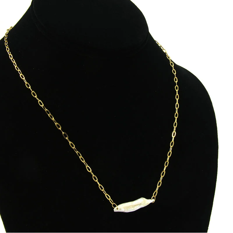 Collar Acero Dorado Piedra Madre Perla Natural Horizontal