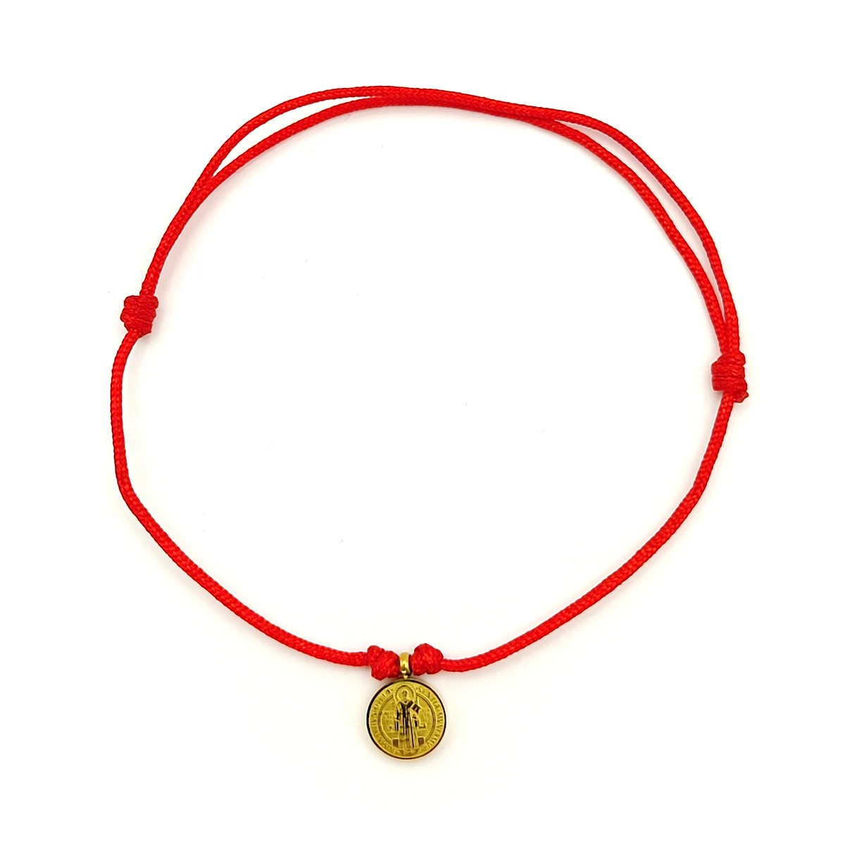 Pulsera Acero Inox Mini Medalla San Benito Hilo Rojo 8 mm