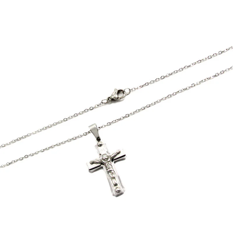 Collar Acero Inoxidable Plateado Cruz Doble Jesús Cristo
