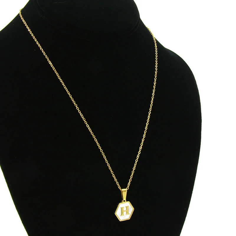 Collar Acero Inox Dorado Hexagonal Letra H Madre Perla