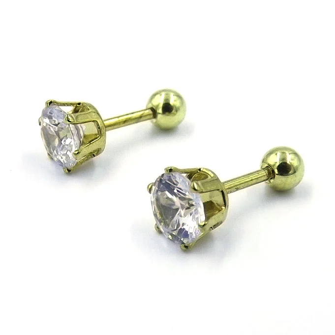 Aretes Acero Dorado Broquel Dormilón Zirconia 6mm