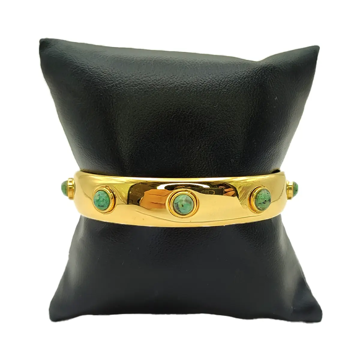Pulsera Acero Inox Dorado Gruesa Lisa Piedra Jade Verde