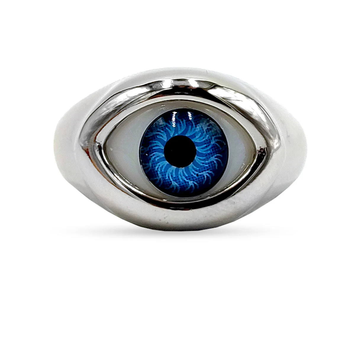 Anillo Acero Inoxidable Plateado Ojo Azul Realista