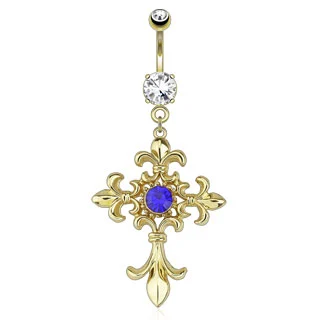 Piercing para Ombligo Cruz Flor de Liz Dorada con Zirconia