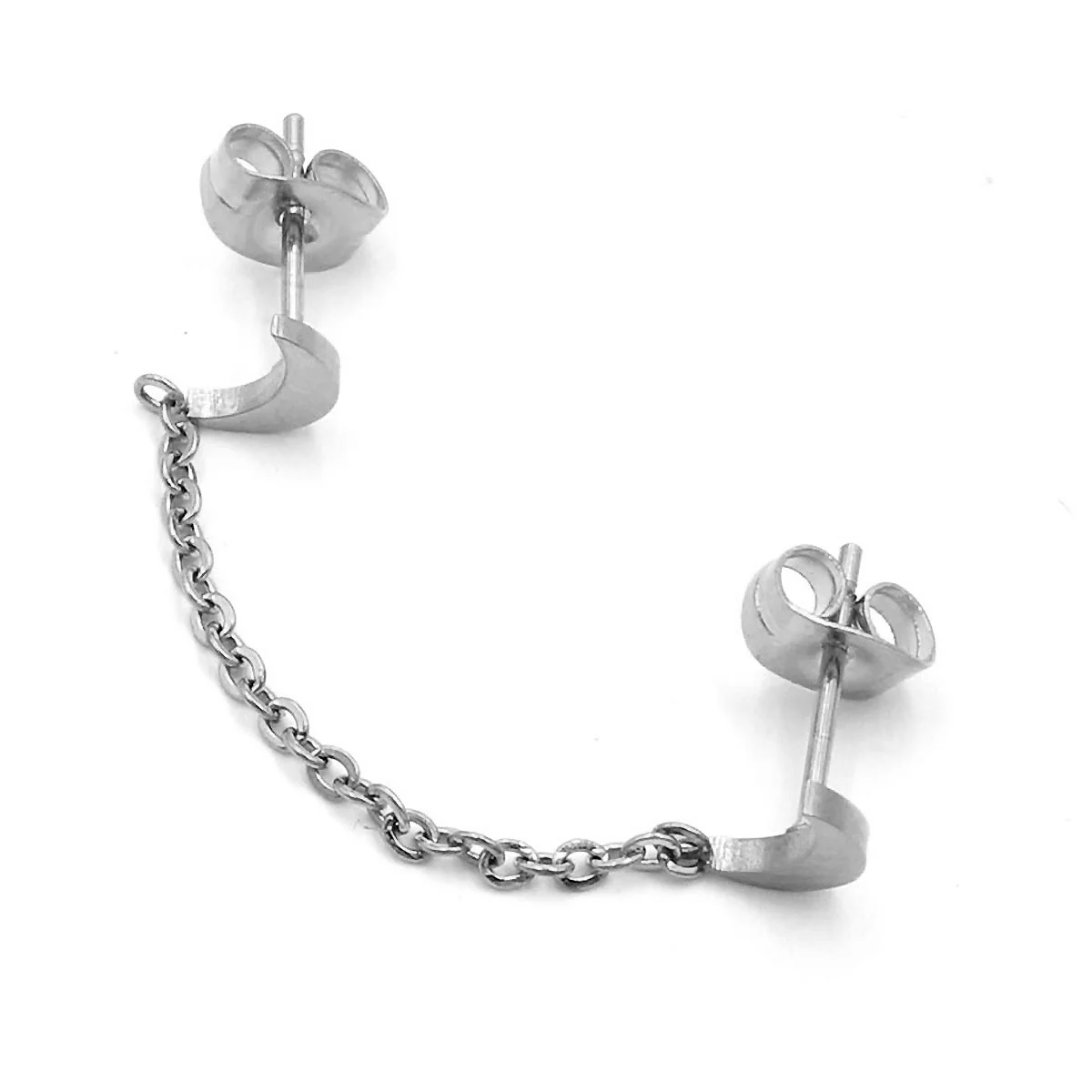 Ear Cuff Acero Inoxidable Plateado Doble Luna Cadena - Aretes